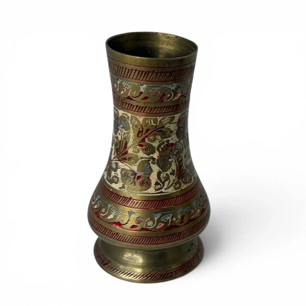 Vintage Engraved Brass Bud Vases Pair Indian Floral‎ Enamel Decor 4.25
